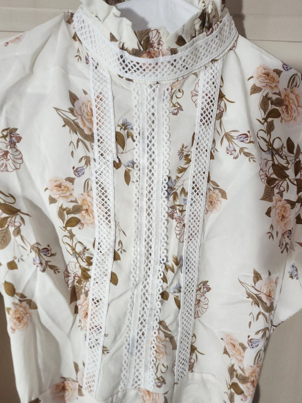Floral Lace-Trim Long Sleeve Cream Dress with Tie Waist